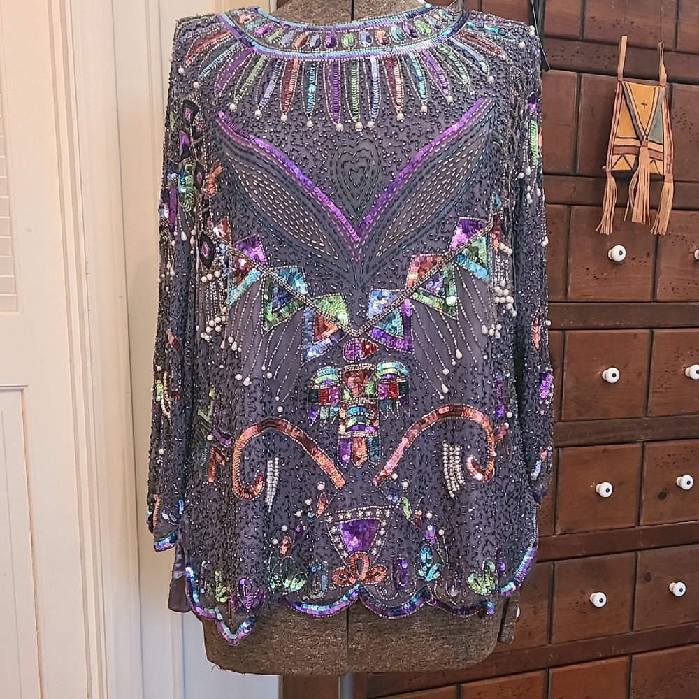Vintage Embellished Multicolor Sequin Top With Thunderbird Pattern Size 18 Large